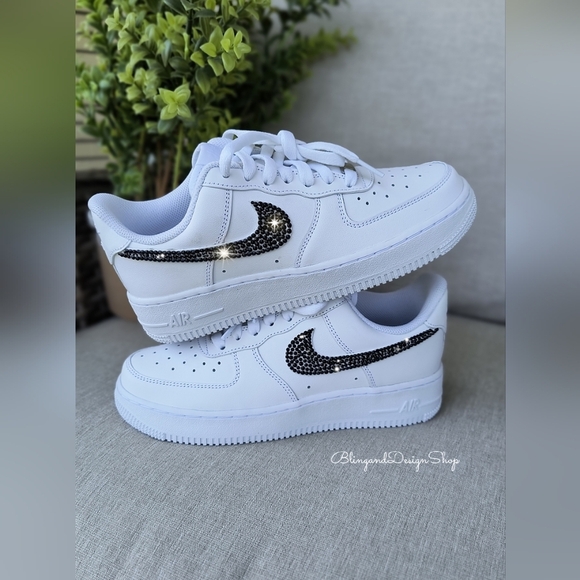 Bling Nike Air Force 1 Low Sneakers Customized with Black Swarovski Crystals - Picture 6 of 9